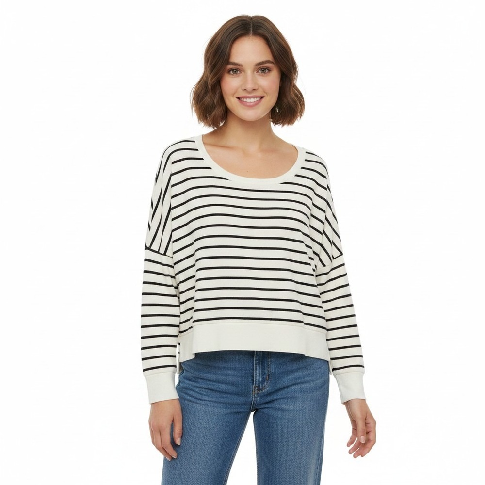 Breton Stripe Boxy Sweater Cream Black Oversized Coastal French Girl‎ Preppy